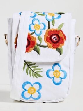 Fanm Mon Crossbody Linen Purse in White with Bright Floral Embroidery. New!